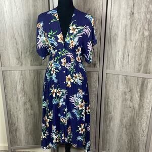 Lovestitch Navy Maxi Dress Floral Pattern Deep V-Neck Square Back Tassel Size L